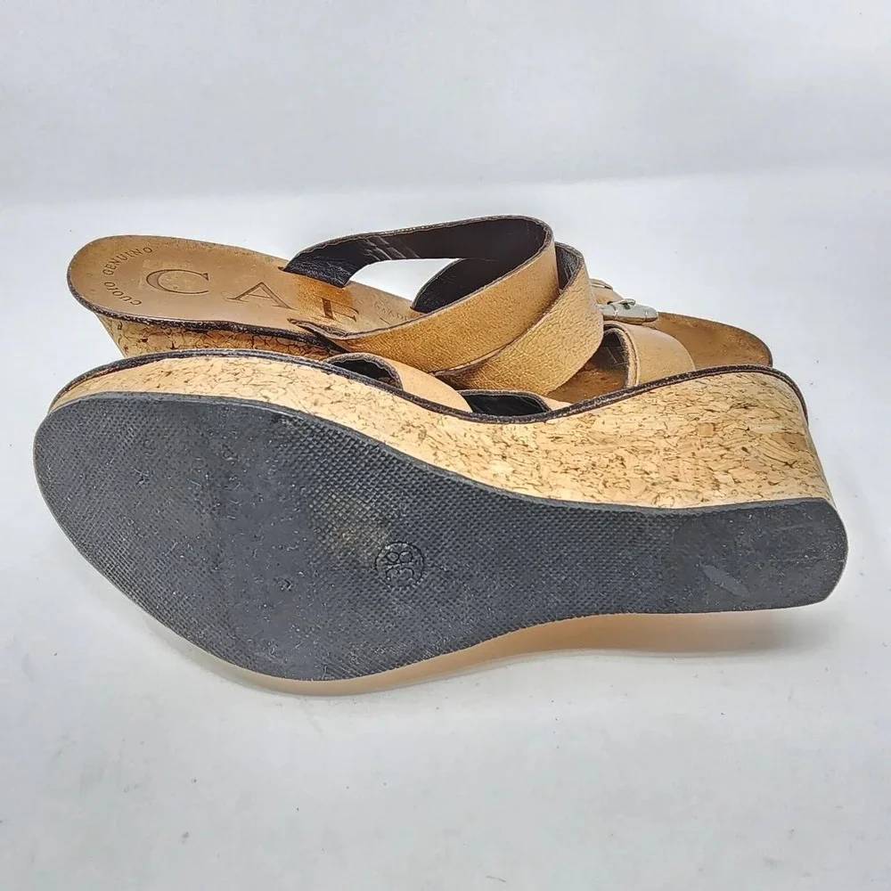 CAFé NOIR Shoes Women's 38 /US 8 Leather Slip-On 3 Buckle Strap Cork Wedge Heel